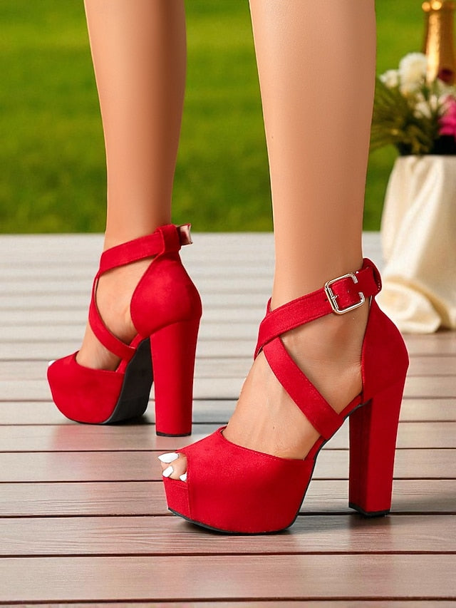 Red Platform Toe Peep Women's - Cross Sandals Suede Strap