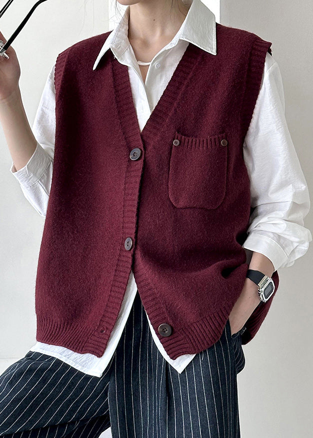Gilet en tricot confortable avec poches rouge vin et col en V Automne AF1022