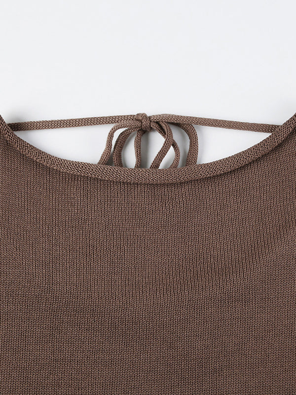Pull vintage marron à col rond et manches longues en cloche avec lacets croisés dans le dos AN1039