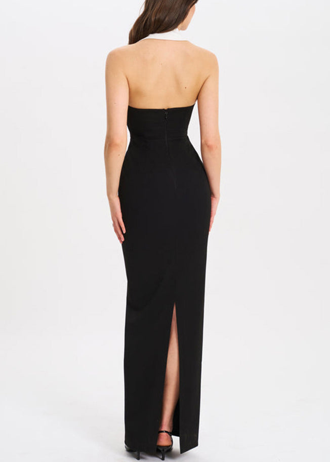 Robe longue crantée en coton français, dos nu, ouverte, noire