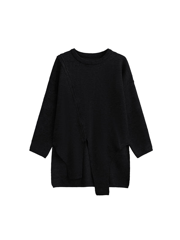 Pull à manches longues à col rond et fermeture éclair, gris, avec ourlet irrégulier, AN1067