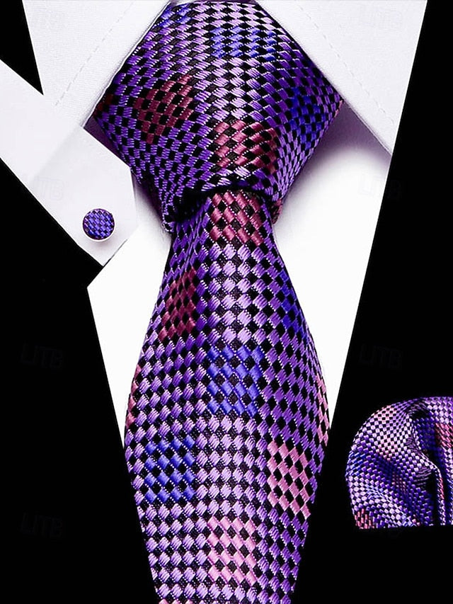 Pocket Purple Tie Men's – Square and Checkered Set Silk