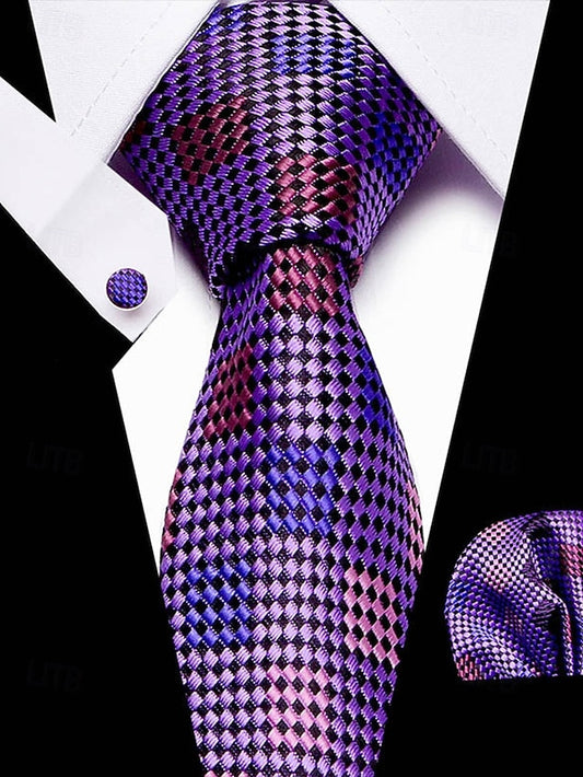 Pocket Purple Tie Men's – Square and Checkered Set Silk