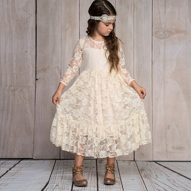 Long Girls' Solid Colored Girl Kids Dress Flower