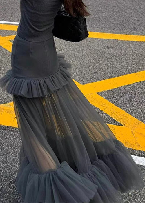 Jupe longue patchwork en tulle à volants gris coupe slim, printemps RV006