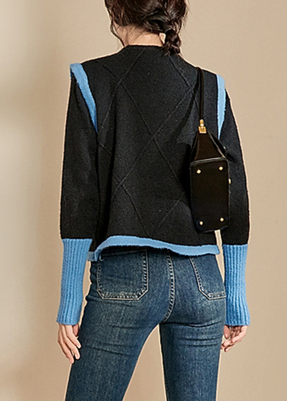 Pull décontracté en coton bleu à col rond et patchwork, hiver WV005