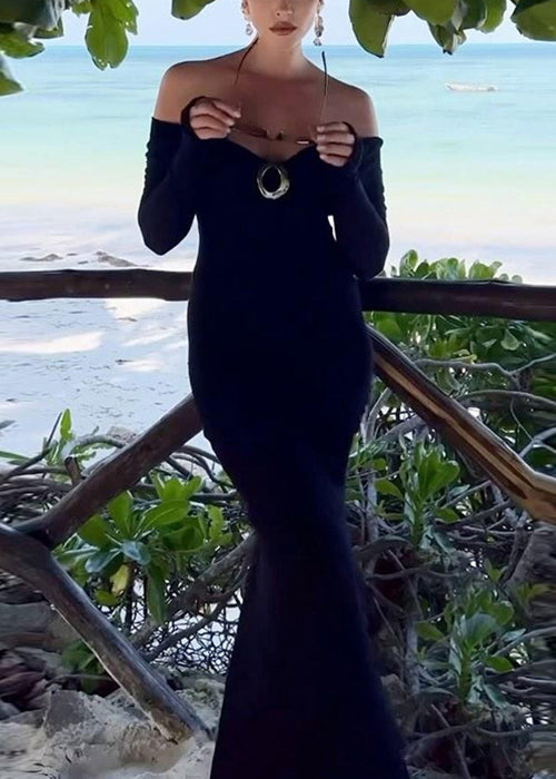 Robe longue noire unie à taille et dos ouvert sur le côté, en coton, à haute élasticité et à ressort