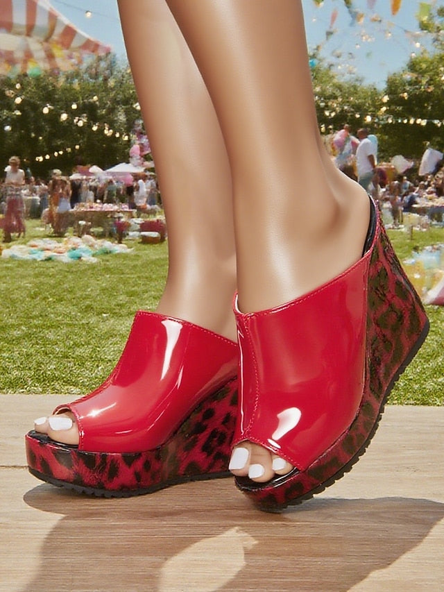 Toe Patent Women's Wedge Leather Red - Leopard Peep Sandals