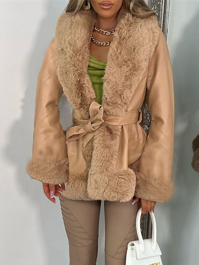 Leather Faux Women's Fur Breathable Collar Warm Jacket