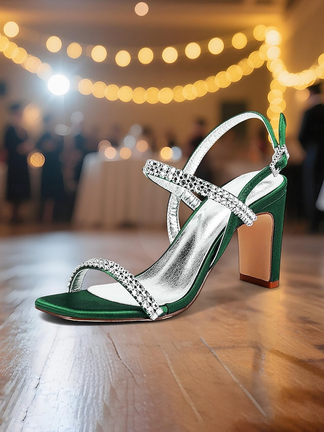 Sandals Prom White Block Rhinestone Women's Bridal – Heel