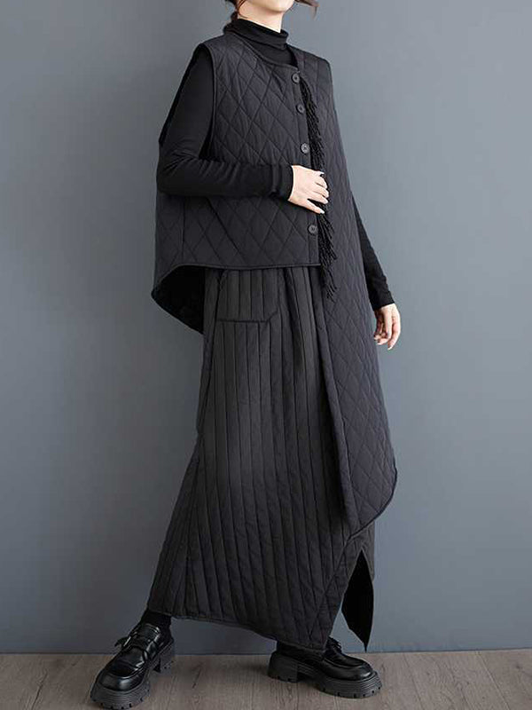 Lässige schwarze asymmetrische Steppweste mit Rundhalsausschnitt und Knöpfen, ärmellos, gepolstert TW014