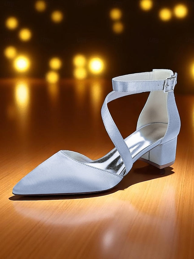 - Heels Pointed Toe Champagne Block Women's Satin