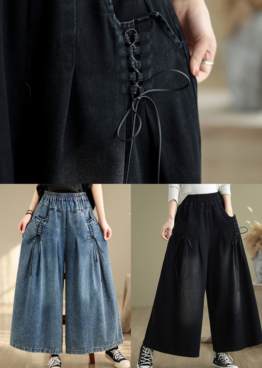 Pantalon d'été à bretelles larges et froissées en denim bleu à jambes croisées