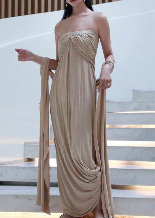 Les robes Off en coton froissé français longues épaules kaki