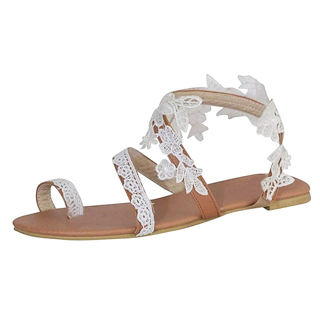 Women's Floral Sandals Lace White Flat with Bridal