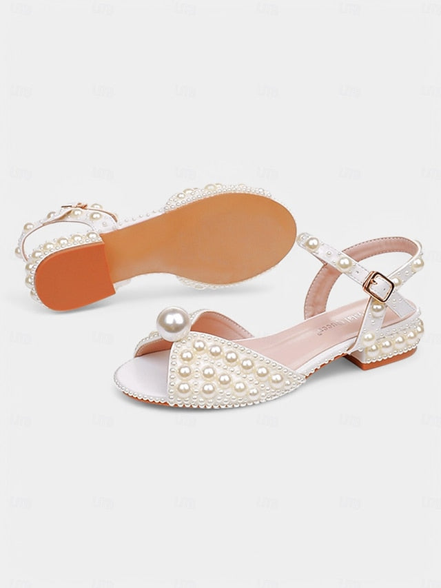 – Heel Women's Sandals Low White Pearl-Embellished
