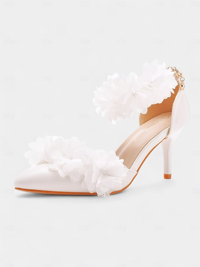 Floral Pointed Women's Strap Elegant Heels - White Ankle
