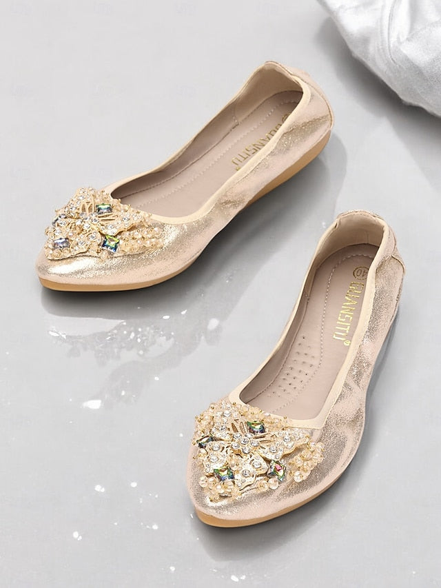 Gold Flats with Women's Crystal Foldable Glitter