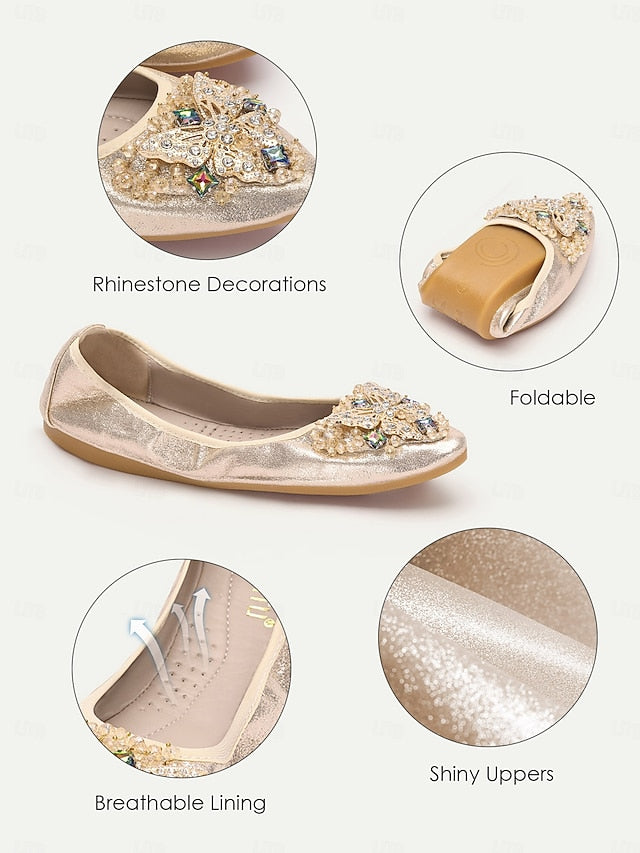 Gold Flats with Women's Crystal Foldable Glitter