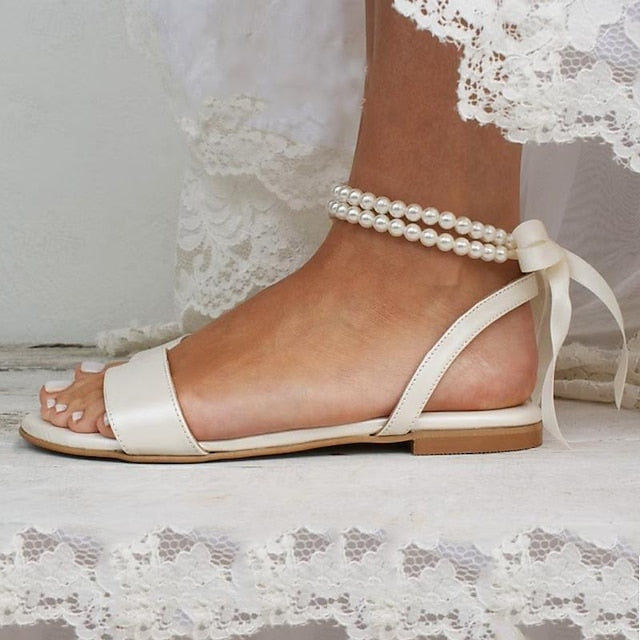 Ankle Sandals – White Strap Flat with Women's Pearl