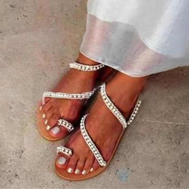 – Strappy Women's Sandals Flat Pearl-Embellished Elegant