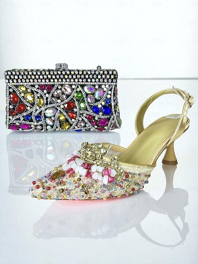 Rhinestone Set Shoes Green Bag - Clutch Heel Women's and