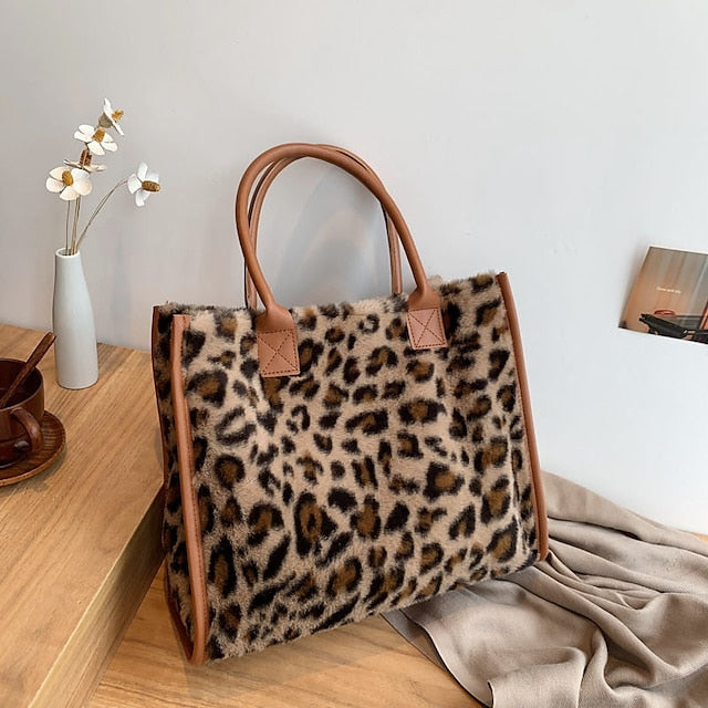 Tote Bag with Leather Faux Leopard Print Brown Women's Fur