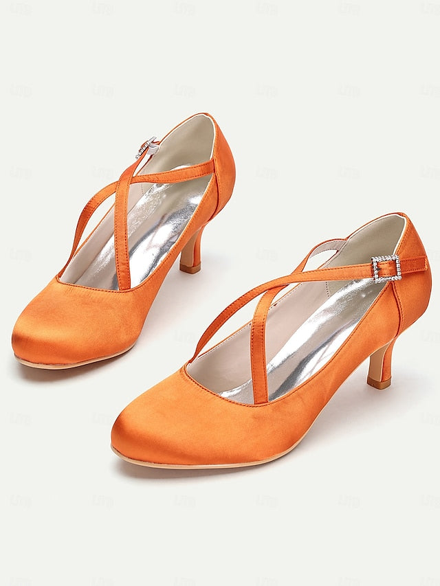 with Rhinestone White – Elegant Satin Buckle Cross-Strap Heels