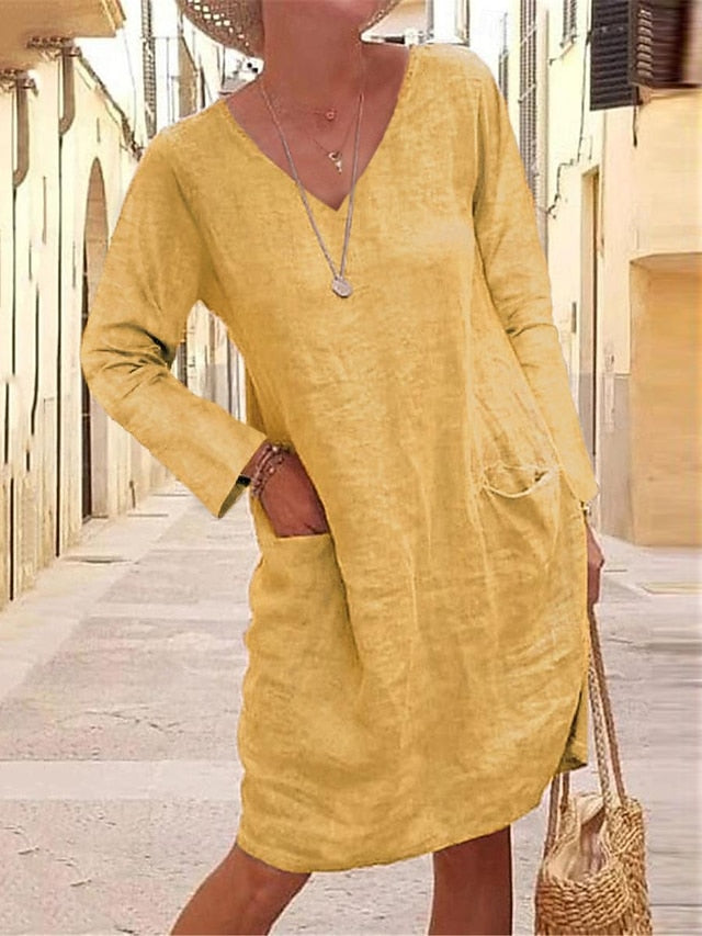 Women's Black Yellow khaki Summer Spring Midi Dress Faux