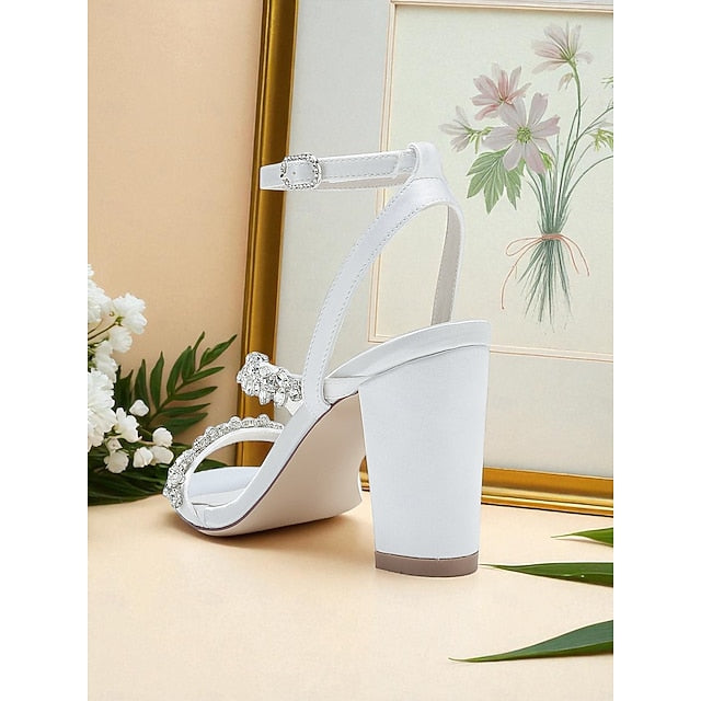 - Rhinestone Heel Block Sandals Women's Straps White with