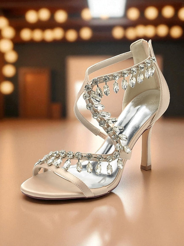 High Women's with Strappy Sandals Rhinestone White Heel