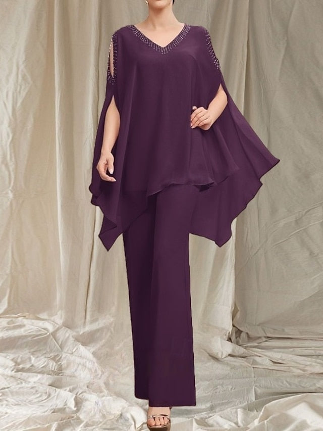 Elegant Dress the Pantsuit V Mother of Guest Bride Wedding Neck