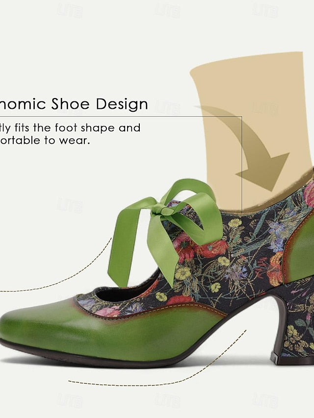 Mary Jane Green Heels Women's Print Floral Leather with