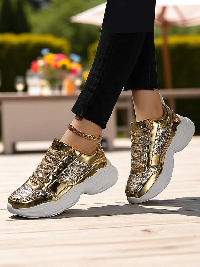 with Glitter Sneakers Platform Metallic Chunky Women's
