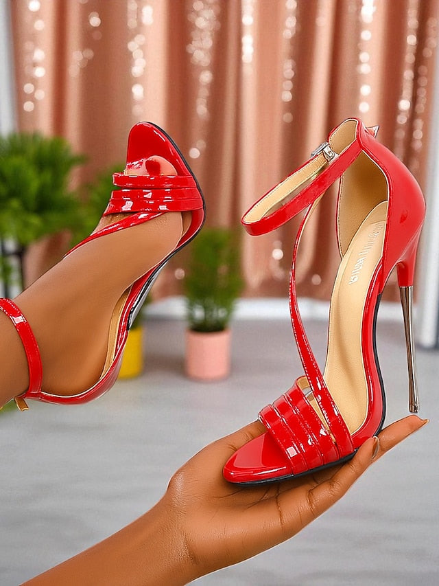 - Sandals Women's Red PU Stiletto High Strappy Heels Patent