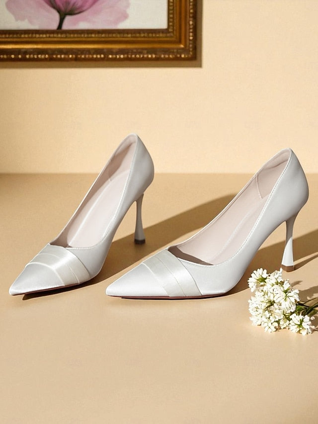 Women's Toe Pumps Dress Pointed Heel Satin - High Champagne