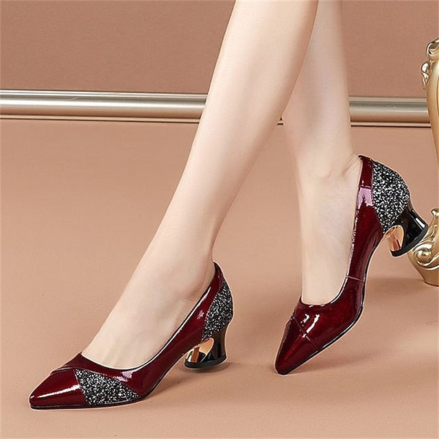 Patent Women's Heels Block Leather Faux Glitter-Accented