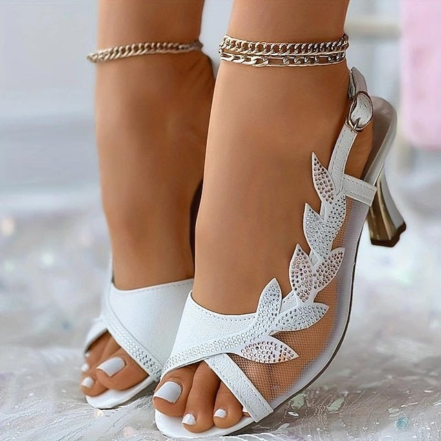 Heeled Sandals Rhinestone White Mesh – Elegant Women's