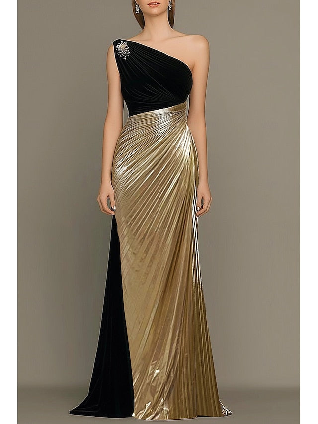 Black Evening Elegant Dress Formal Gold Gown Wedding Column
