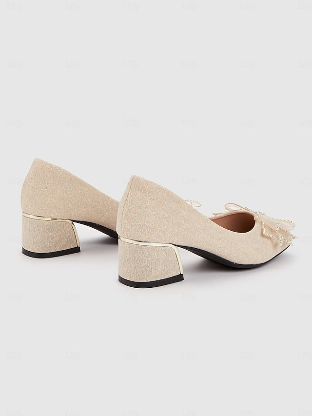 with Heel Pumps Bow - Gold Block Decoration Women's Glitter