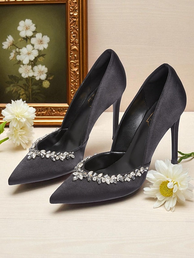 with Crystal Embellishment Toe Pointed Heels Satin Women's