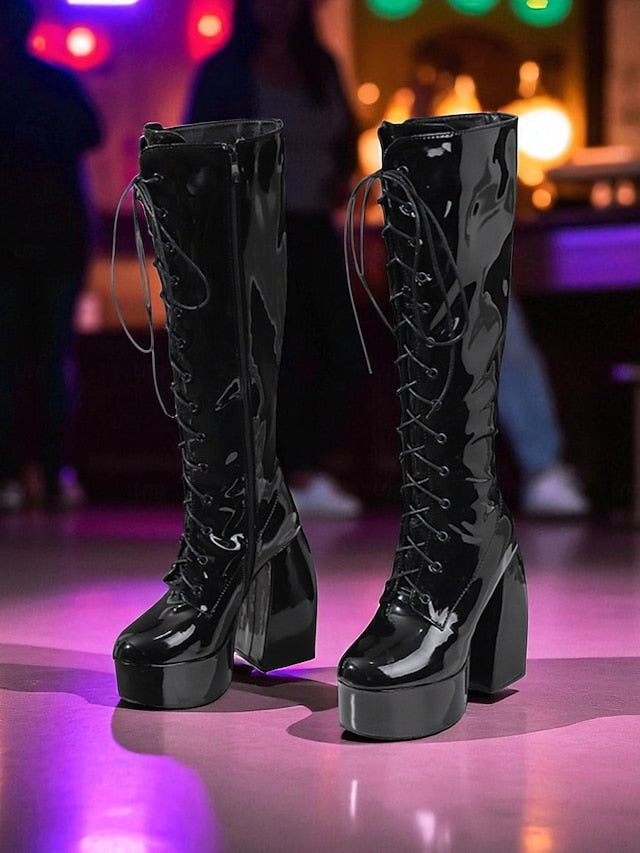 Lace-Up Platform Metallic - Women's Boots High Knee Silver