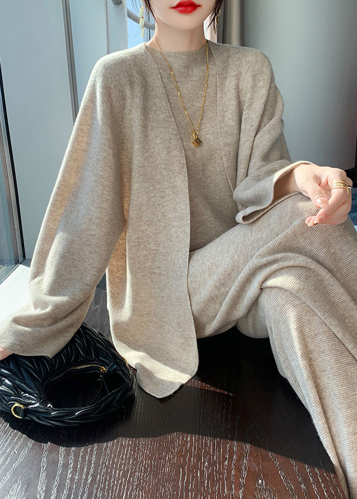 Ensemble trois pièces en laine camel clair naturel, col en V, gilet et pantalon large, automne WV030