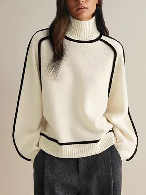 Original weißer Pullover mit hohem Kragen und langen Ärmeln in Kontrastfarbe TW012