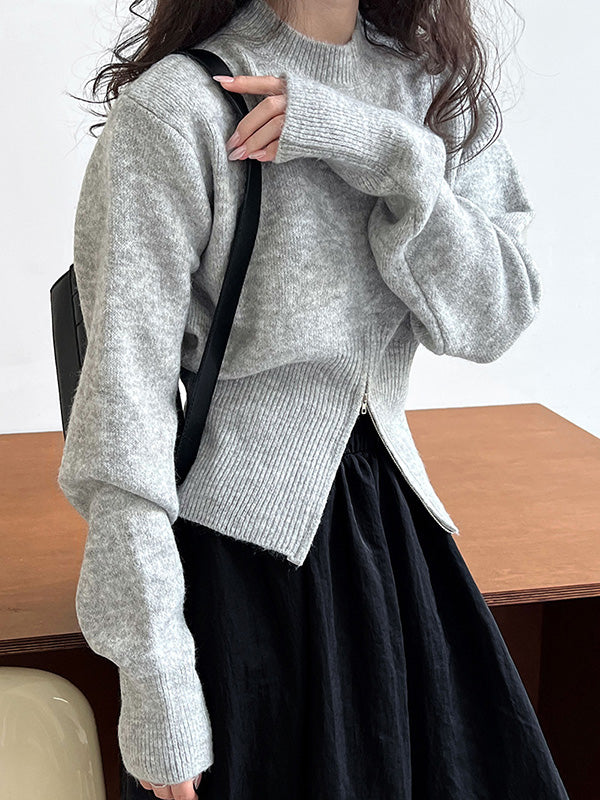 Pull à manches longues avec col montant et ourlet fendu et fermeture éclair Urban Coffee QX004