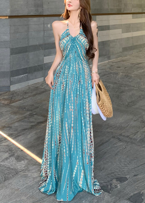 Robe imprimée sans manches dos nu bleu vacances coton élégant