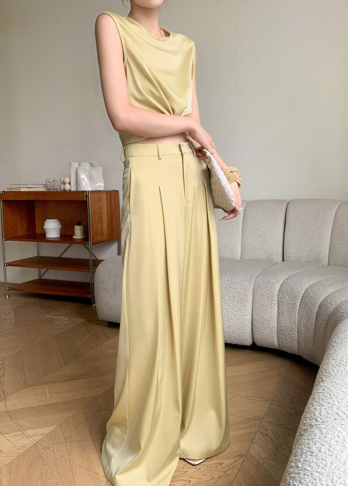Ensemble deux pièces haut en soie jaune à col rond et pantalon large sans manches AN1027