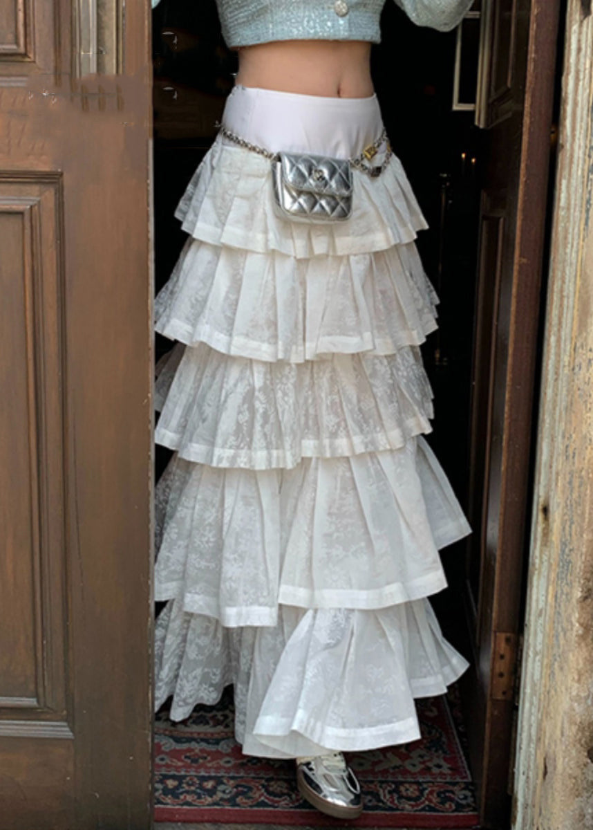 Jupe bohème blanche froissée taille haute en coton été AZ1043