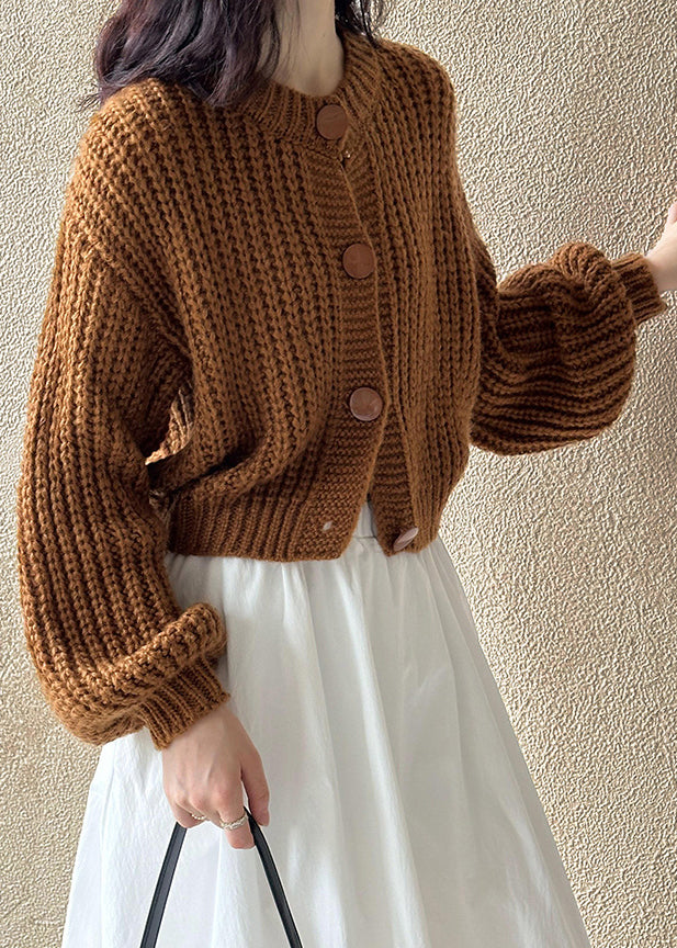 Nouveau cardigan en tricot de coton ajouré à col rond marron automne AF1014