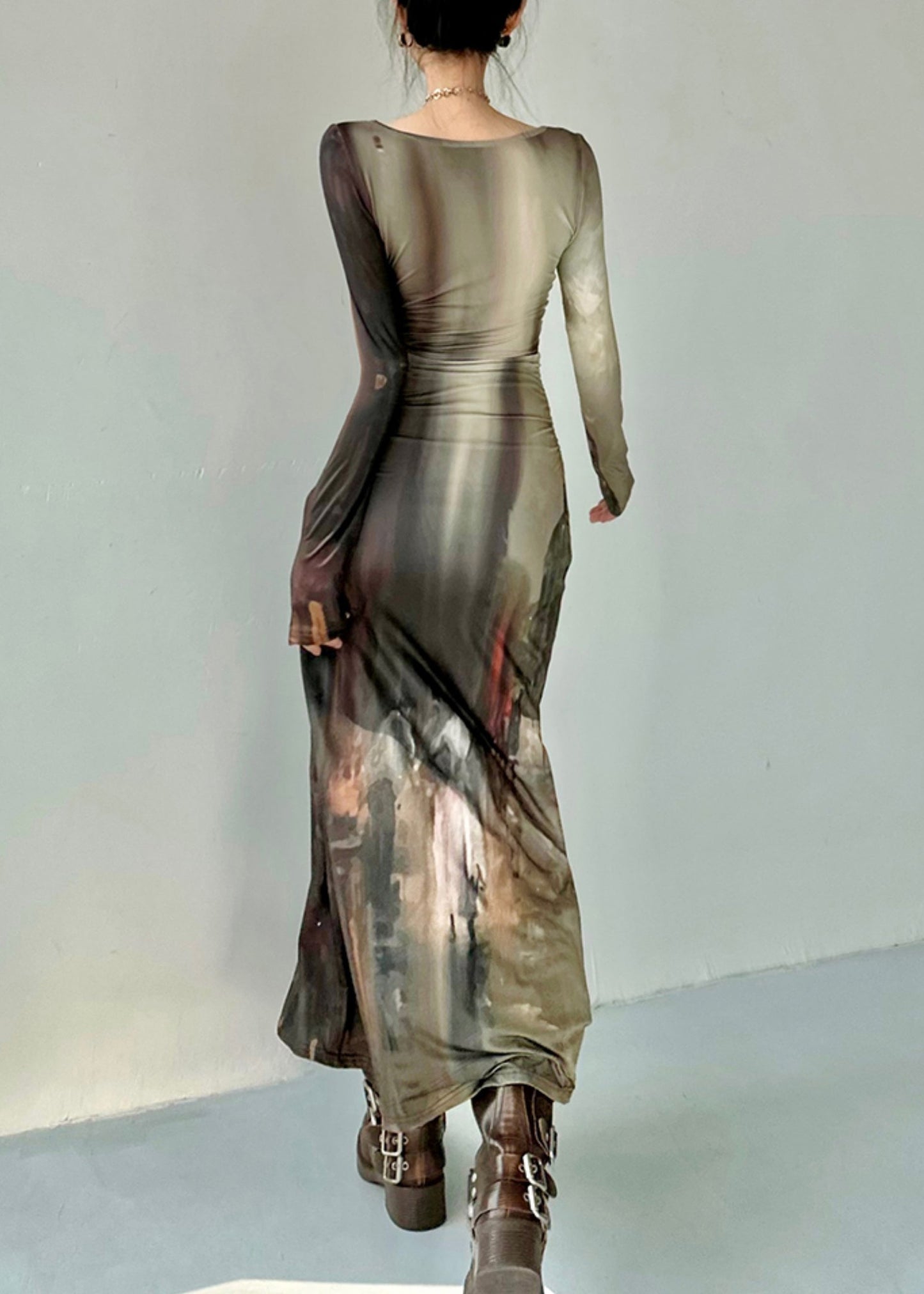 Robe ouverte sur le côté imprimée peinture à l'huile rétro française automne AN1012